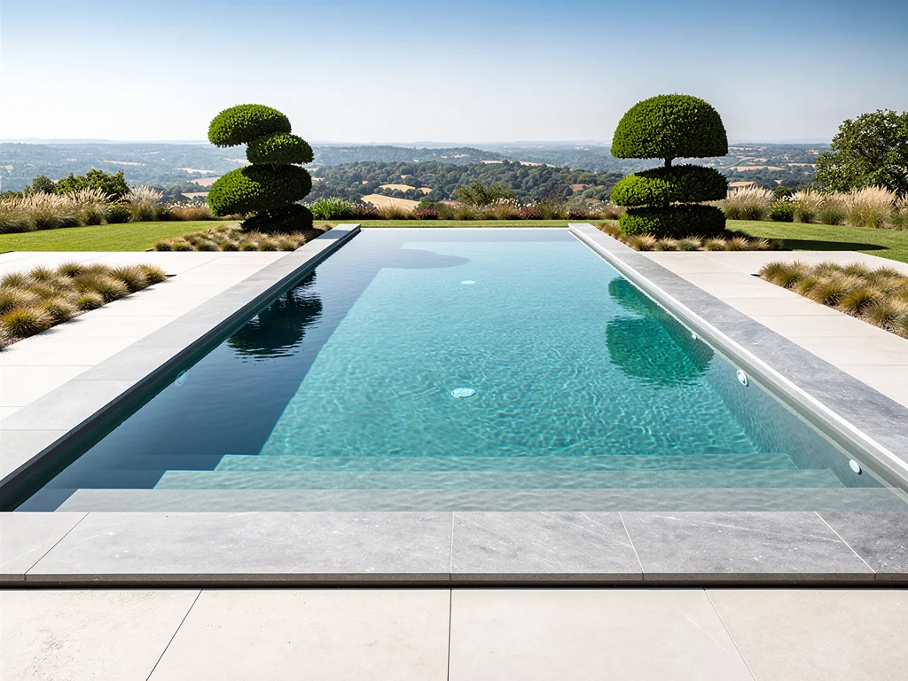 Piscine à débordement rectangulaire avec plage immergée et margelles grises