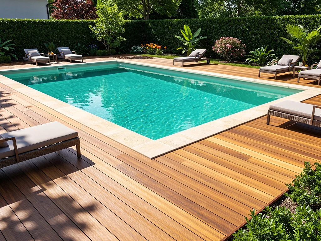 Piscine coque polyester avec plage en bois et bains de soleil