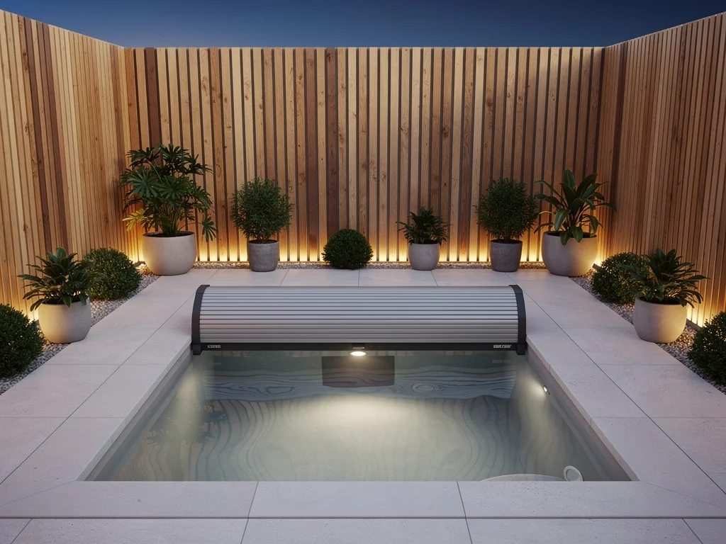 Petite piscine de ville avec volet roulant immergé entrouvert